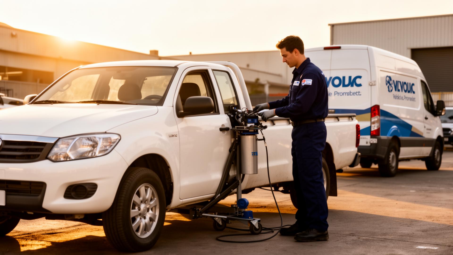 OmniPrime vehicle health technician servicing a fleet pickup at a jobsite
