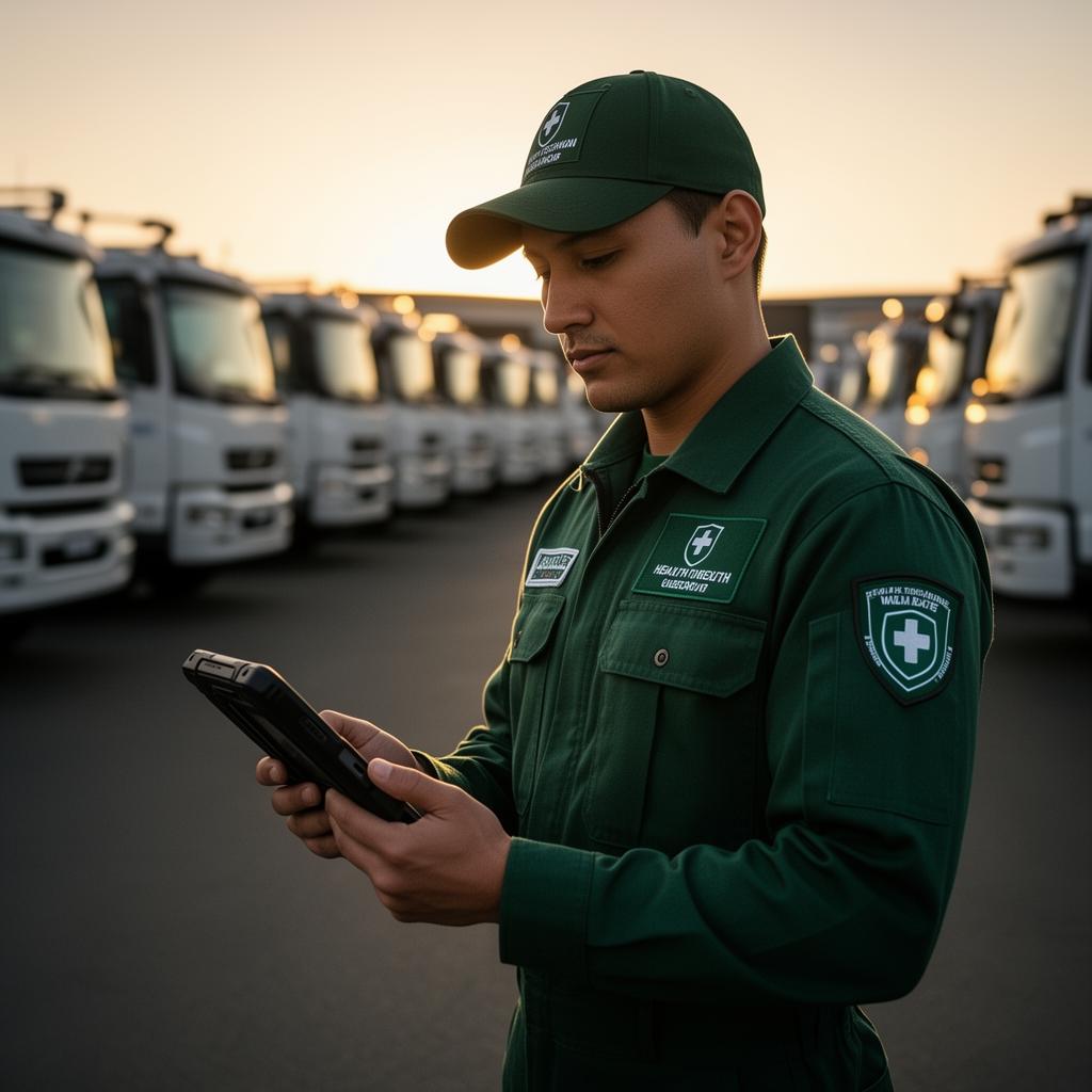 OmniPrime vehicle health technician reviewing fleet inspection on a tablet at dusk